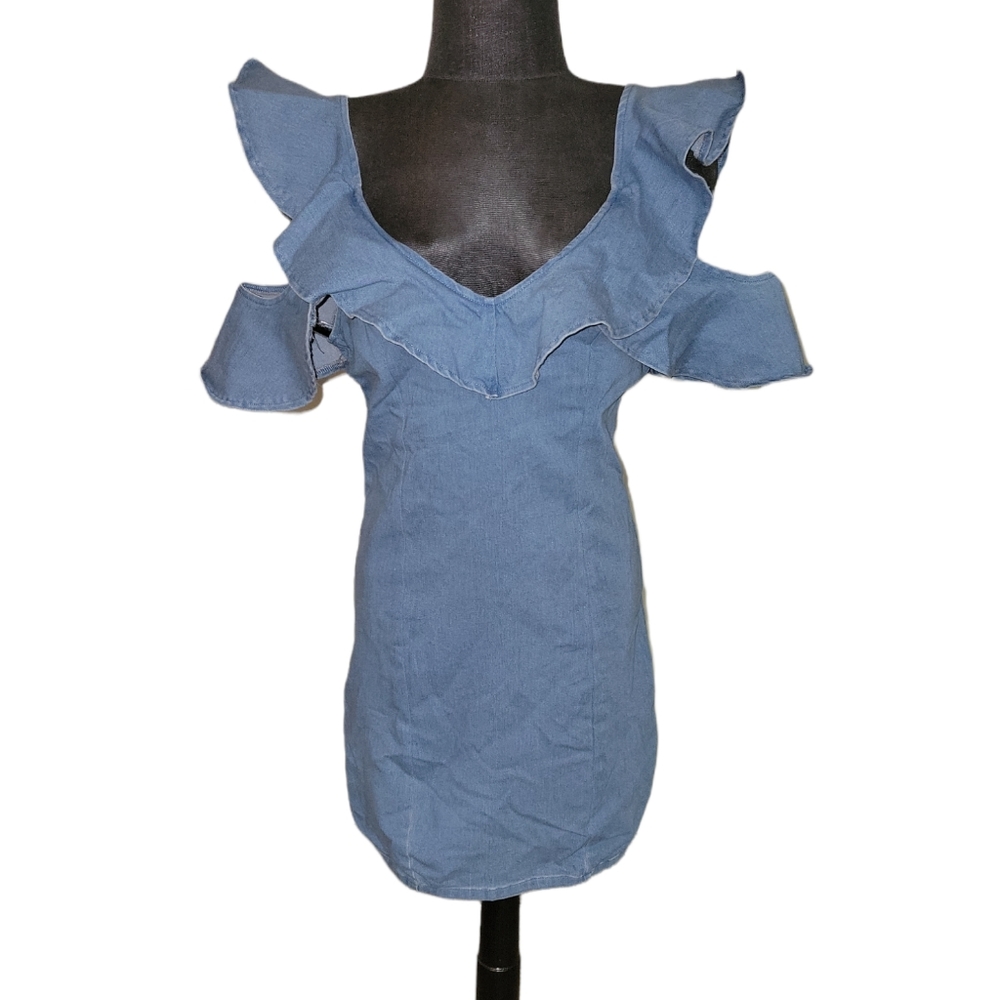 NWT The Impeccable Pig BOUTIQUE Denim Off Shoulder Ruffle Arm Mini Dress sz L